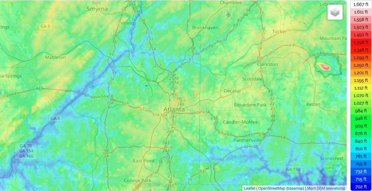 Mapa de elevação de Atlanta